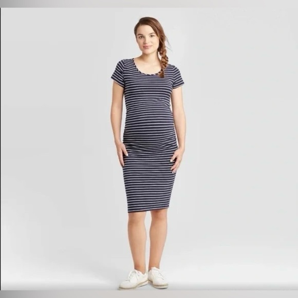 H&M Maternity Cotton Stretch Dress Striped Blue & White with Elastane Large